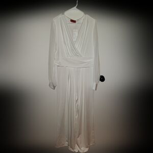 Plus Size Mesh Long Sleeve V Wrap Neck Wide Leg Pants One Piece Jumpsuit 2X